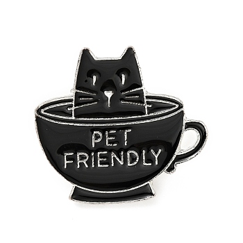 Cat with Cup Enamel Pin, Word Pet Friendly Alloy Badge for Backpack Clothes, Electrophoresis Black, Black, 26.5x29.5x2mm