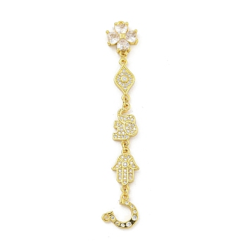 Rack Plating Brass Clear Cubic Zirconia Flower Elephant Hamsa Hand Connector Charms, Cadmium Free & Lead Free, Long-Lasting Plated, Real 18K Gold Plated, 68x10x3mm, Hole: 1mm