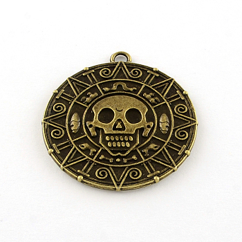 Flat Round with Skull Tibetan Style Alloy Pendants, Cadmium Free & Lead Free, Antique Bronze, 42.5x39x3mm, Hole: 3mm, about 85pcs/1000g
