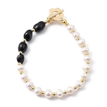 Natural Cultured Freshwater Pearl Beaded Bracelets, with Natural Black Tourmaline Beads, Golden Plated Brass Beads and Flower Toggle Clasps, 7-5/8 inch(19.5cm)