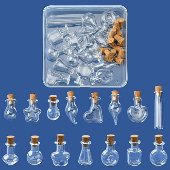 15Pcs 15 Styles Mini High Borosilicate Glass Bottle Bead Containers, Wishing Bottle, with Cork Stopper, Star & Heart & Pepper, Mixed Shapes, Clear, 2.2~4.8x1~1.9cm, 1pc/style