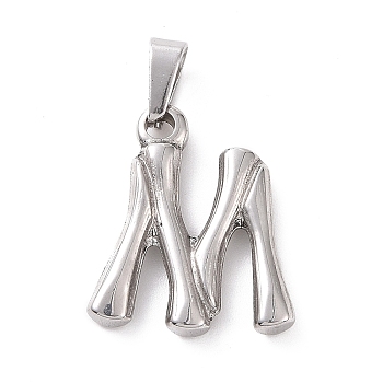 304 Stainless Steel Pendants, Bamboo Style, Stainless Steel Color, Letter.M, 19x16x3mm, Hole: 3x7mm
