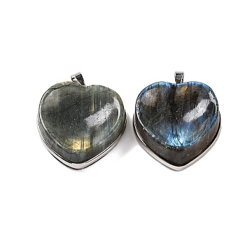 Natural Labradorite Pendants, Heart Charms with Platinum Plated Rack Plating Brass Snap on Bails, 34x31x11mm, Hole: 5x4mm