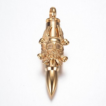 316 Surgical Stainless Steel Big Pointed Pendants, Bullet with Pirate Skull, Golden, 65x20x16mm, Hole: 8mm