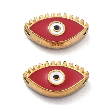 Ion Plating(IP) 304 Stainless Steel Beads, with Enamel, Real 18K Gold Plated, Eye, FireBrick, 8.5x15x4mm, Hole: 1.4mm