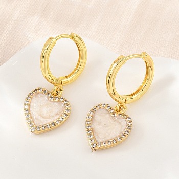 Brass Micro Pave Cubic Zirconia Hoop Dangle Earrings, Heart, with Enamel, Lead Free & Cadmium Free, Rack Plating, Long-Lasting Plated, Real 18K Gold Plated, White, 28x12mm