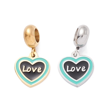 304 Stainless Steel European Dangle Charms, Large Hole Pendants, with Enamel, Golden & Stainless Steel Color, Heart & Word Love, Turquoise, 21mm, Hole: 4.5mm