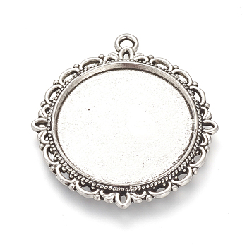 Tibetan Style Alloy Pendant Cabochon Settings, Flat Round, Cadmium Free & Lead Free, Antique Silver, Tray: 25mm, 37x34x2mm, Hole: 2mm, about 170pcs/1000g