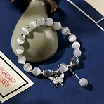 Butterfly Alloy & Cat Eye & Natural Moonstone Round Beaded Charm Bracelets for Women, Platinum, 7-1/8~8-5/8 inch(18~22cm)(WG9D4EC-01)