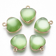 Resin Pendants, with Gold Plated Iron Loops, Imitation Cat Eye Style, Heart, Light Green, 19x16x8mm, Hole: 1.8mm(RESI-S383-032C)