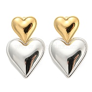 304 Stainless Steel Double Heart Dangle Stud Earrings for Women, Golden & Stainless Steel Color, 32.5x20mm(EJEW-D076-01D-GP)