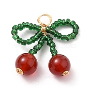 Glass Seed Beads Pendants, with Natural Red Agate Carnelian Beads and Copper Wire, Bowknot, Green & Red, Real 18K Gold Plated, 26x25x8mm, Hole: 4.5mm, Beads: 8mm(X-PALLOY-JF00520)