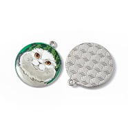 Printed Alloy Pendants, Platinum, Flat Round with Cat Charm, Green, 28x25x3mm, Hole: 1.8mm(ENAM-P246-03P-06)