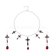 FireBrick Enamel Crucifix Cross with Plastic Teardrop Pendant Necklace & Dangle Earrings, Halloween Theme Alloy Jewelry Set for Women, Antique Silver, 500mm, 67mm, Pin: 0.7mm(SJEW-G081-02AS)