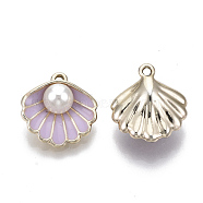 Alloy Pendants, with ABS Plastic Imitation Pearl & Enamel, Shell with Pearl, Light Gold, Plum, 16x15x7mm, Hole: 1.5mm(X-ENAM-S119-034A-02LG)
