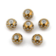 Electroplate Glass Beads, Plaid Beads, Round with Tartan Pattern, Gold, 8~8.5mm, Hole: 1.5mm(X-EGLA-S178-06F)