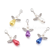 Imitation Pearl Acrylic Pendants, Antique Silver Heart Beads, with Platinum Alloy Lobster Claw Clasps, Angel & Wings, Mixed Color, 33x23.5x10mm, Hole: 4x5mm(HJEW-JM00422)