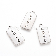 Rack Plating Tibetan Style Alloy Pendants, Rectangle with Word Love, for Valentine's Day, Antique Silver, 25.5x13x2mm, Hole: 2mm(X-TIBEP-L005-05AS)