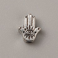 Tibetan Style Alloy Beads, Hamsa Hand with Eye, Antique Silver, 9x7.5x3mm, Hole: 1.6mm(TIBEB-WH0001-46)