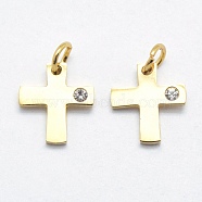 316 Surgical Stainless Steel Tiny Cross Charms, with Cubic Zirconia, Long-Lasting Plated, Clear, Real 18K Gold Plated, 12x11x2mm, Hole: 3mm(STAS-K178-03G)