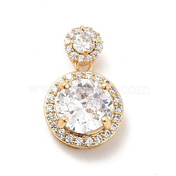Brass Micro Pave Clear Cubic Zirconia Pendants, with Glass, Flat Round, Real 18K Gold Plated, Clear, 21mm, Hole: 4x3mm(KK-I695-019B)