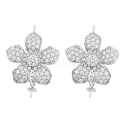 925 Sterling Silver with Cubic Zirconia Stud Earrings Findings, Flower, Real Platinum Plated, 20mm, Pin: 0.6mm(EJEW-B038-09P)