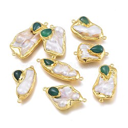 Natural Cultured Freshwater Pearl Links Connectors, with Edge Golden Plated Edge Brass Findings and Natural Chalcedony, Nuggets, Green, 34~50x18~36x7.7~12mm, Hole: 1.6mm(PEAR-L031-09A-G)