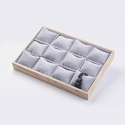 Cuboid Wood Bracelet Displays, Covered with Velvet, 12 Grids Pillows Without Lid Tray Jewelry Storage Holder, Light Grey, 35x24x4.1cm(BDIS-K003-01)