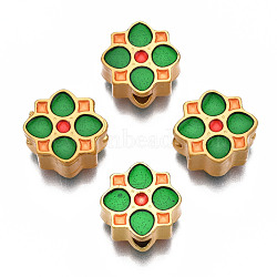 Rack Plating Alloy Enamel Beads, Cadmium Free & Lead Free, Matte Gold Color, Flower, Green, 11x11.5x5mm, Hole: 2mm(ENAM-N056-034A)