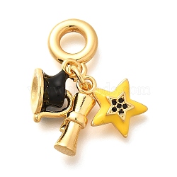 Brass Cubic Zirconia Star & Scroll European Dangle Charms, with Black & Yellow Enamel, Real 18K Gold Plated, 30.5mm, Hole: 5mm(KK-U048-18G)