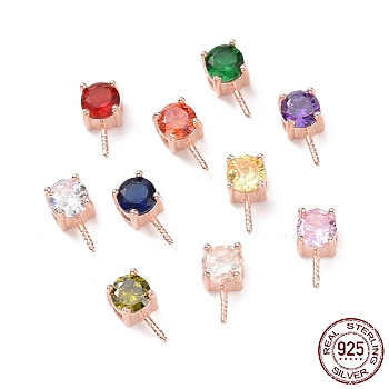 925 Sterling Silver Peg Bails, with Cubic Zirconia, Square, Rose Gold, Mixed Color, 9x4x4.5mm, Hole: 2.5x1.5mm, Pin: 0.6mm