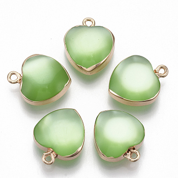 Resin Pendants, with Gold Plated Iron Loops, Imitation Cat Eye Style, Heart, Light Green, 19x16x8mm, Hole: 1.8mm