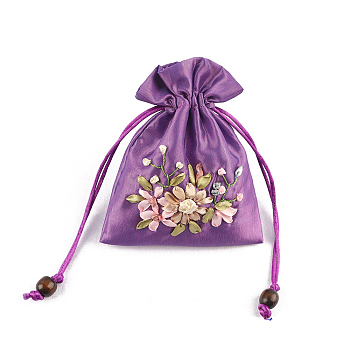 Flower Pattern Satin Jewelry Packing Pouches, Drawstring Gift Bags, Rectangle, Medium Orchid, 14x10.5cm