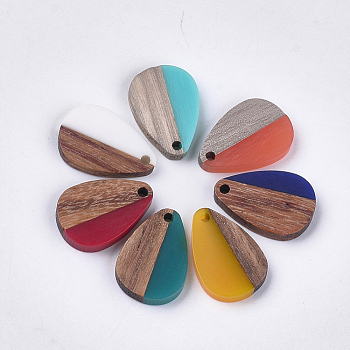 Resin & Walnut Wood Pendants, teardrop, Mixed Color, 21.5x14.5x3.5mm, Hole: 1.8mm