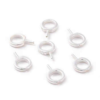 925 Sterling Silver Screw Eye Peg Bails, Ring, Silver, 9x6x1mm, Hole: 4mm, Pin: 0.6mm