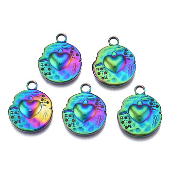 Ion Plating(IP) 304 Stainless Steel Pendants, Cadmium Free & Nickel Free & Lead Free, Incomplete Flat Round with Heart, Rainbow Color, 19.5x16x2.5mm, Hole: 2.5mm