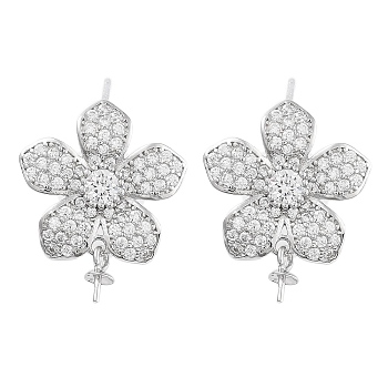 925 Sterling Silver with Cubic Zirconia Stud Earrings Findings, Flower, Real Platinum Plated, 20mm, Pin: 0.6mm