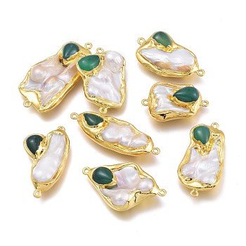 Natural Cultured Freshwater Pearl Links Connectors, with Edge Golden Plated Edge Brass Findings and Natural Chalcedony, Nuggets, Green, 34~50x18~36x7.7~12mm, Hole: 1.6mm