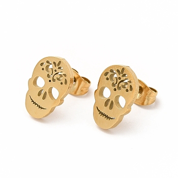 Halloween Skull with Flower 304 Stainless Steel Stud Earrings for Women, Golden, 12x8mm, Pin: 0.7mm
