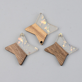 Transparent Resin & Walnut Wood Pendants, with Glitter Paillettes, Star, Clear, 29.5x29.5x3mm, Hole: 2mm