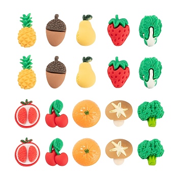 Autumn Theme 100Pcs 10 Style Resin Cabochons, Imitation Food, Orange & Mushroom & Starfish & Acorns & Cabbage & Broccoli & Pineapple & Strawberry & Pomegranate & Cherry & Pear, Mixed Color, 10pcs/style