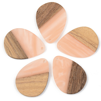 Opaque Resin & Walnut Wood Pendants, Teardrop, Light Salmon, 35.5x26x3mm, Hole: 2mm