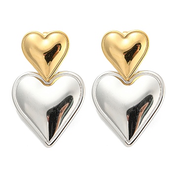 304 Stainless Steel Double Heart Dangle Stud Earrings for Women, Golden & Stainless Steel Color, 32.5x20mm
