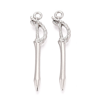 304 Stainless Steel Pendants, Sword, Stainless Steel Color, 47x9.5x4mm, Hole: 2.2mm