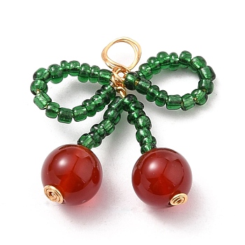 Glass Seed Beads Pendants, with Natural Red Agate Carnelian Beads and Copper Wire, Bowknot, Green & Red, Real 18K Gold Plated, 26x25x8mm, Hole: 4.5mm, Beads: 8mm