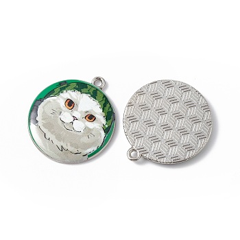 Printed Alloy Pendants, Platinum, Flat Round with Cat Charm, Green, 28x25x3mm, Hole: 1.8mm