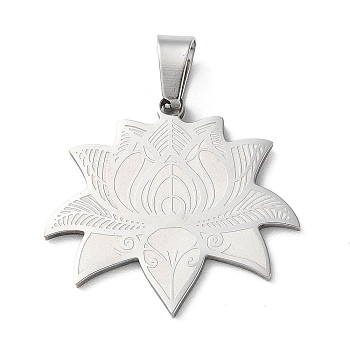 201 Stainless Steel Pendants, Laser Cut, Lotus Charm, Stainless Steel Color, 25x26x1.5mm, Hole: 7X4.5mm