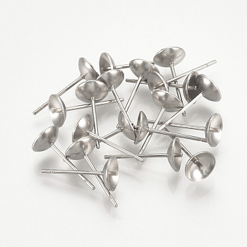 304 Stainless Steel Stud Earring Findings, For Half Drilled Beads, Stainless Steel Color, 5mm, Pin: 0.8mm