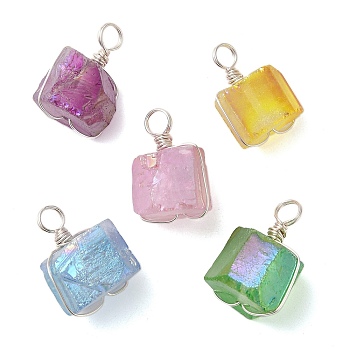 Electroplated Natural Quartz Nuggets Pendants, Copper Wire Wrapped Irregular Shaped Charms, Mixed Color, Silver, 19.5x10x11.5mm, Hole: 3.5mm