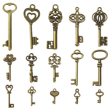 30Pcs 15 Style Tibetan Style Alloy Pendants, Key & Skeleton Key, Antique Bronze, 6.5~53.5x2~17x1~16mm, Hole: 1~4mm, 2pcs/style